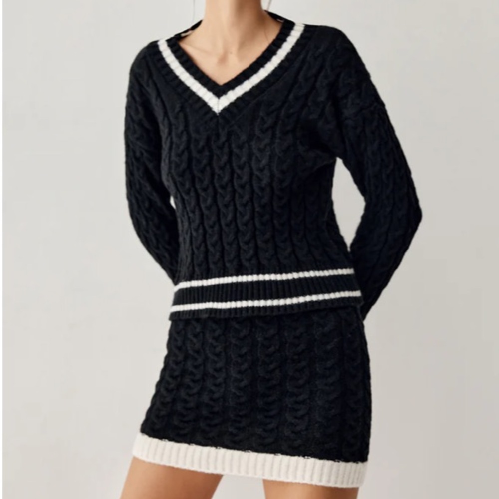 Commense Contrast Trim Cable Knit Sweater With Matching Skirt